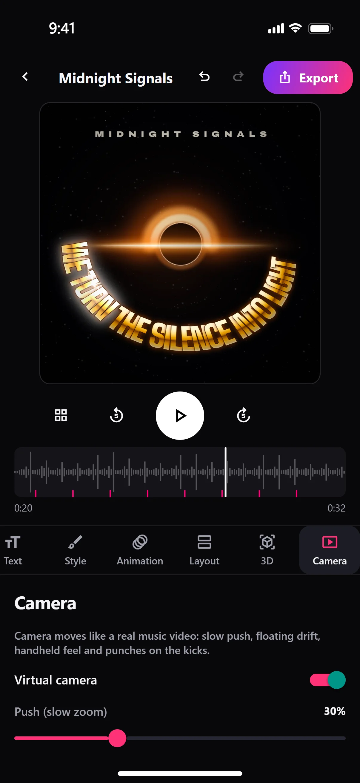 App screenshot: the virtual camera.