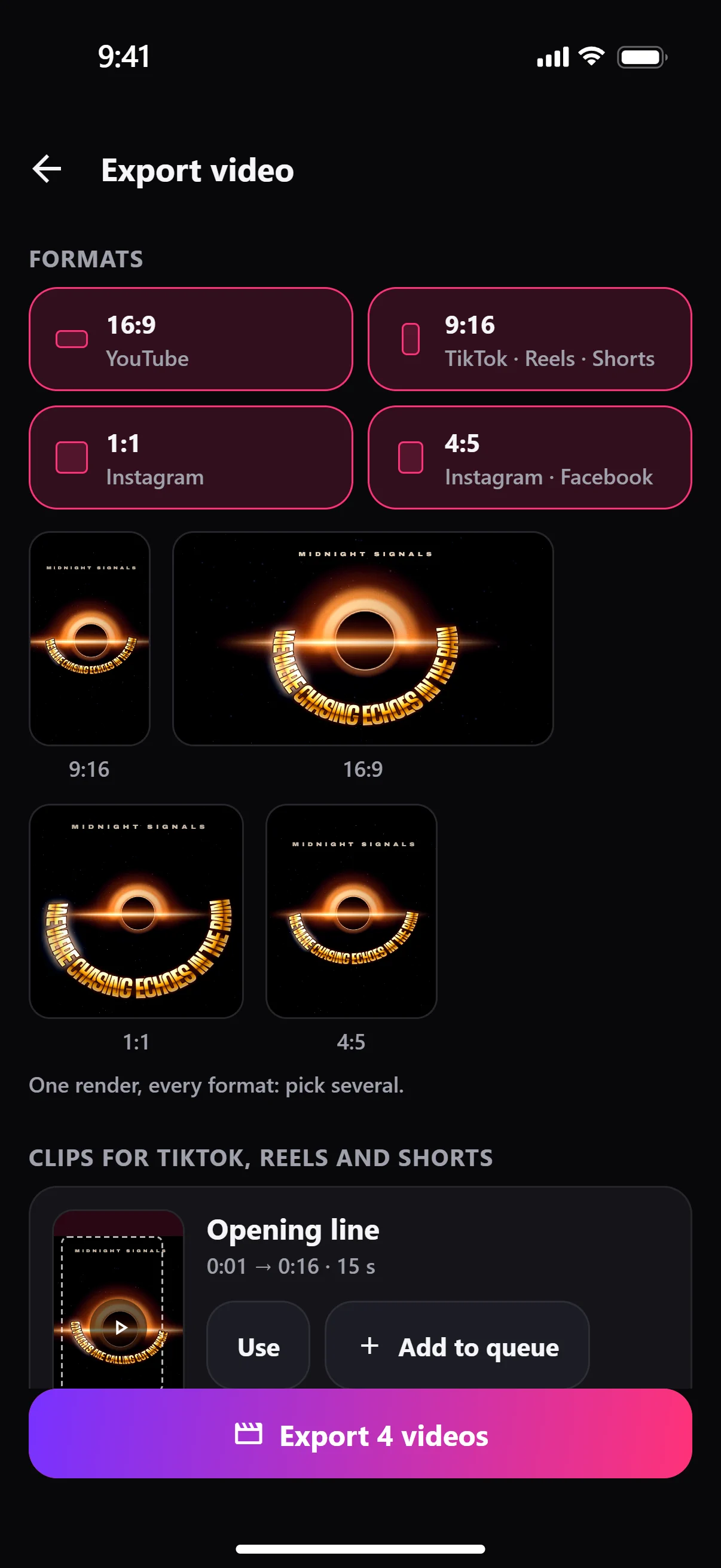 App screenshot: exporting several formats at once, with the suggested clips.