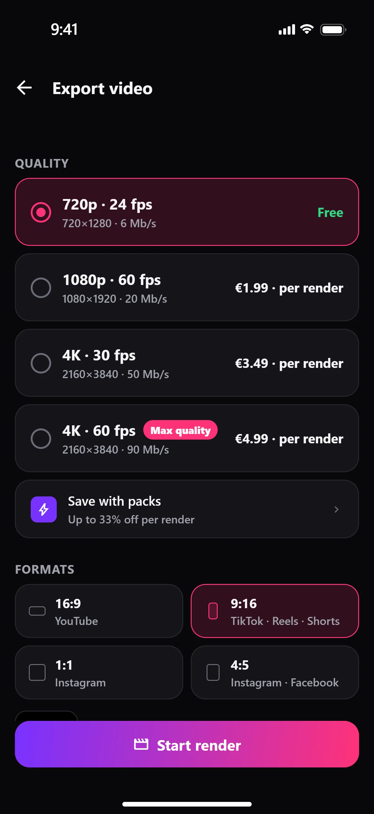 App screenshot: the export screen, the qualities and their prices.