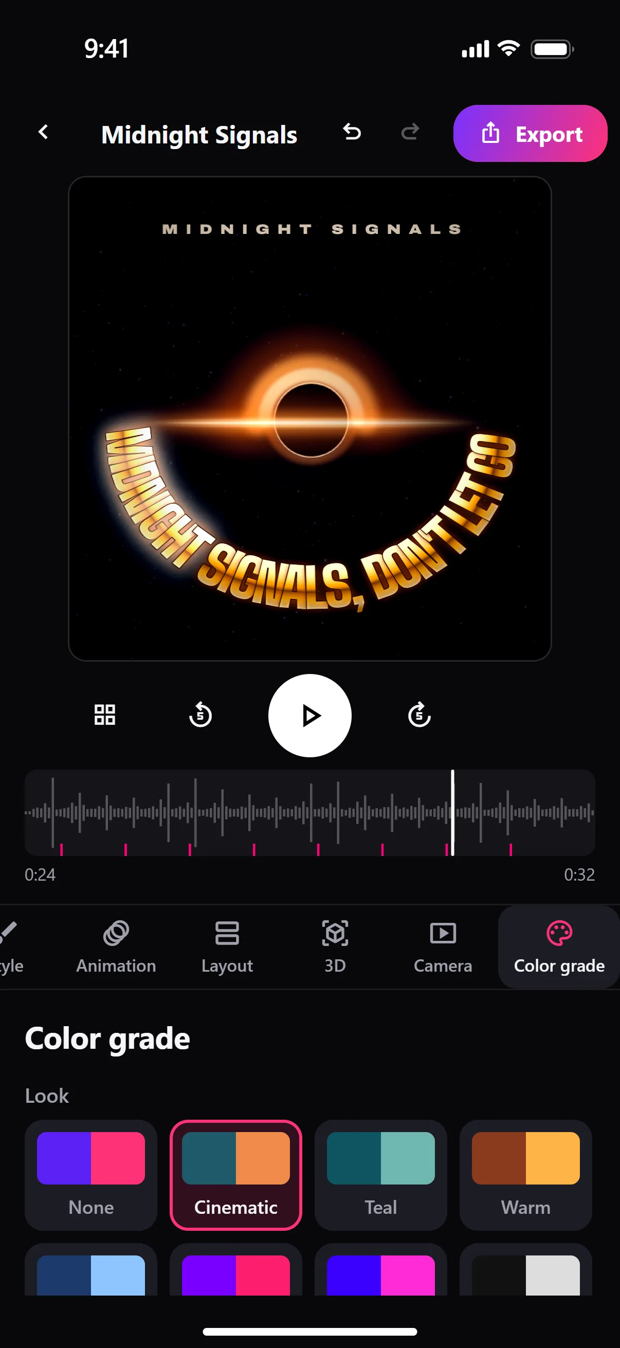 App screenshot: color grading, Cinema look.