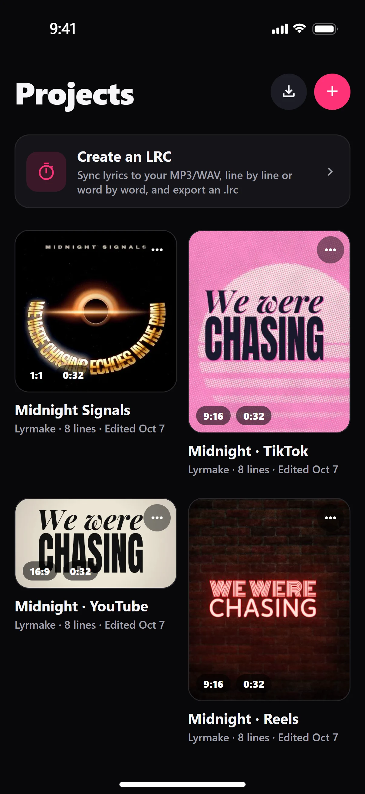 App screenshot: the projects home, the demo song in several looks and formats.