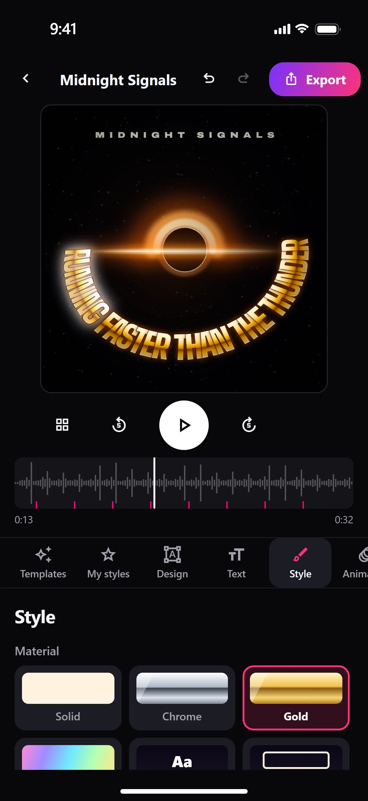 App screenshot: the text and style panel, with the Gold look.