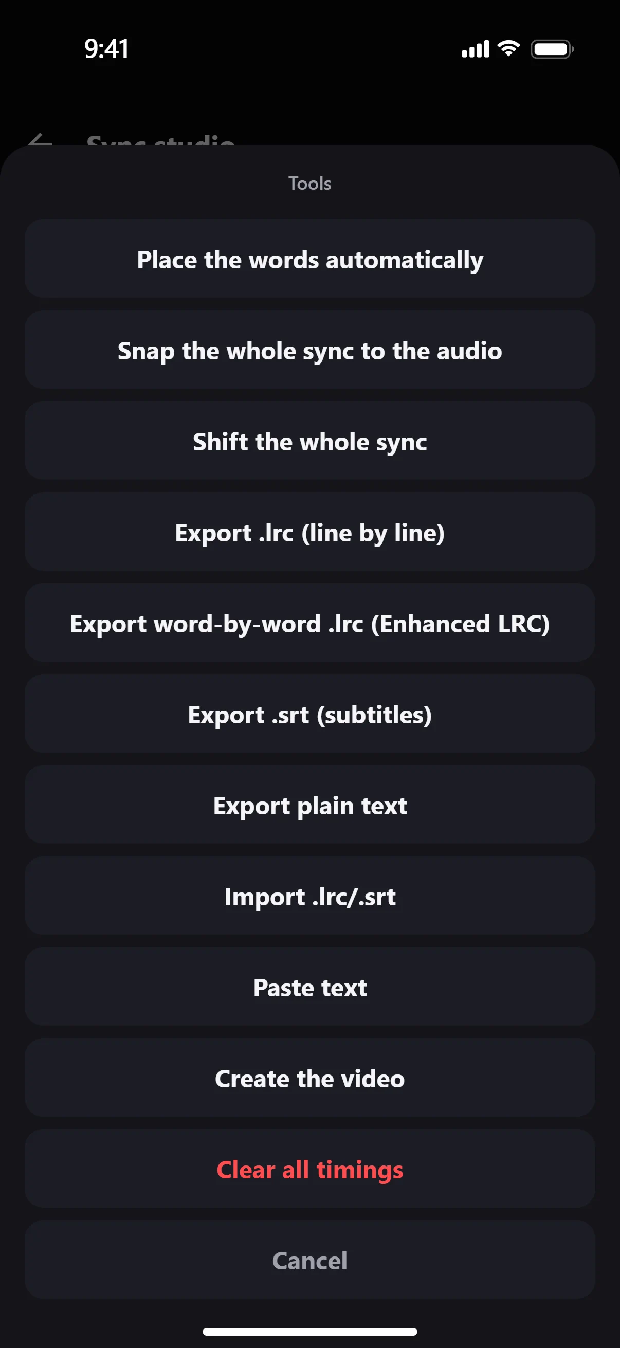 App screenshot: the sync studio’s Tools menu, with the .lrc, word-by-word .lrc, .srt and plain-text exports.