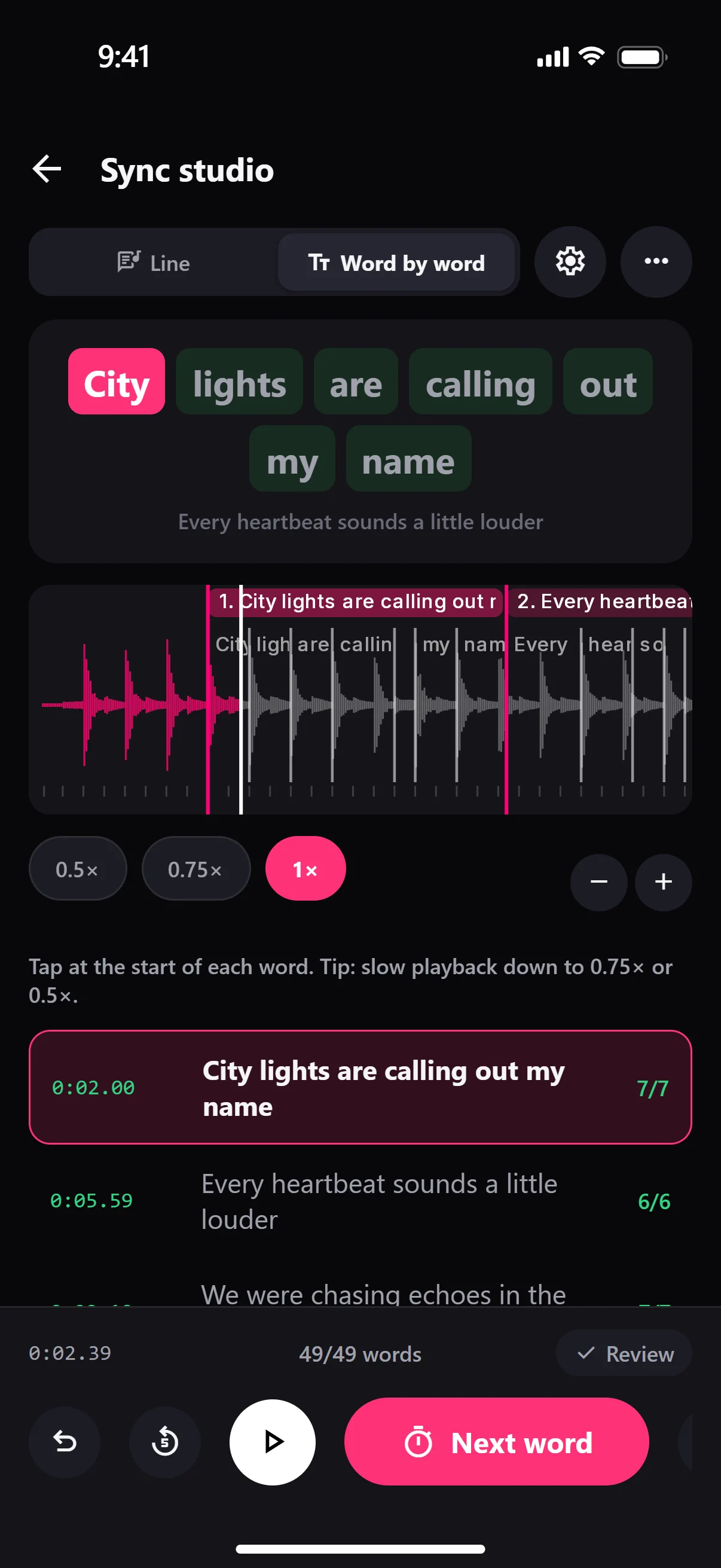 App screenshot: the sync studio, word by word, with the waveform and the marks.