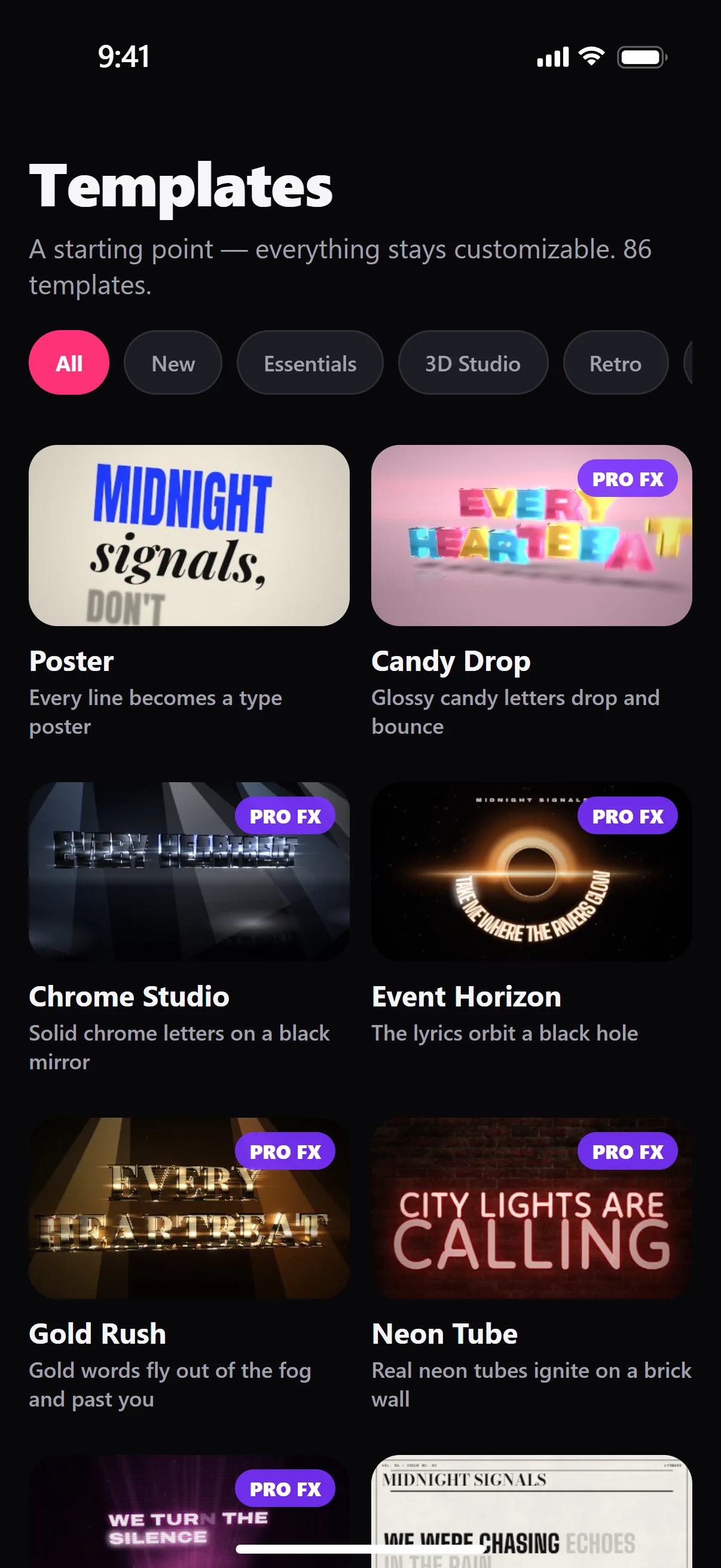 Lyrmake app screenshot: the template gallery, sorted by style.