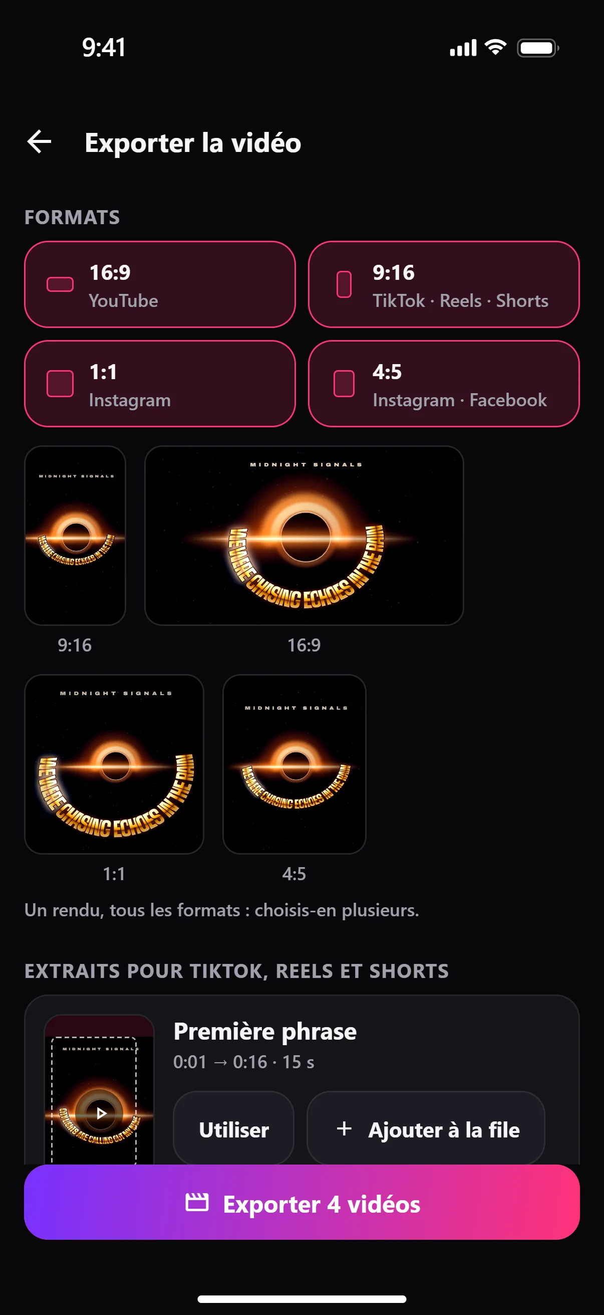 Capture de l’app : l’export de plusieurs formats d’un coup, avec les extraits proposés.