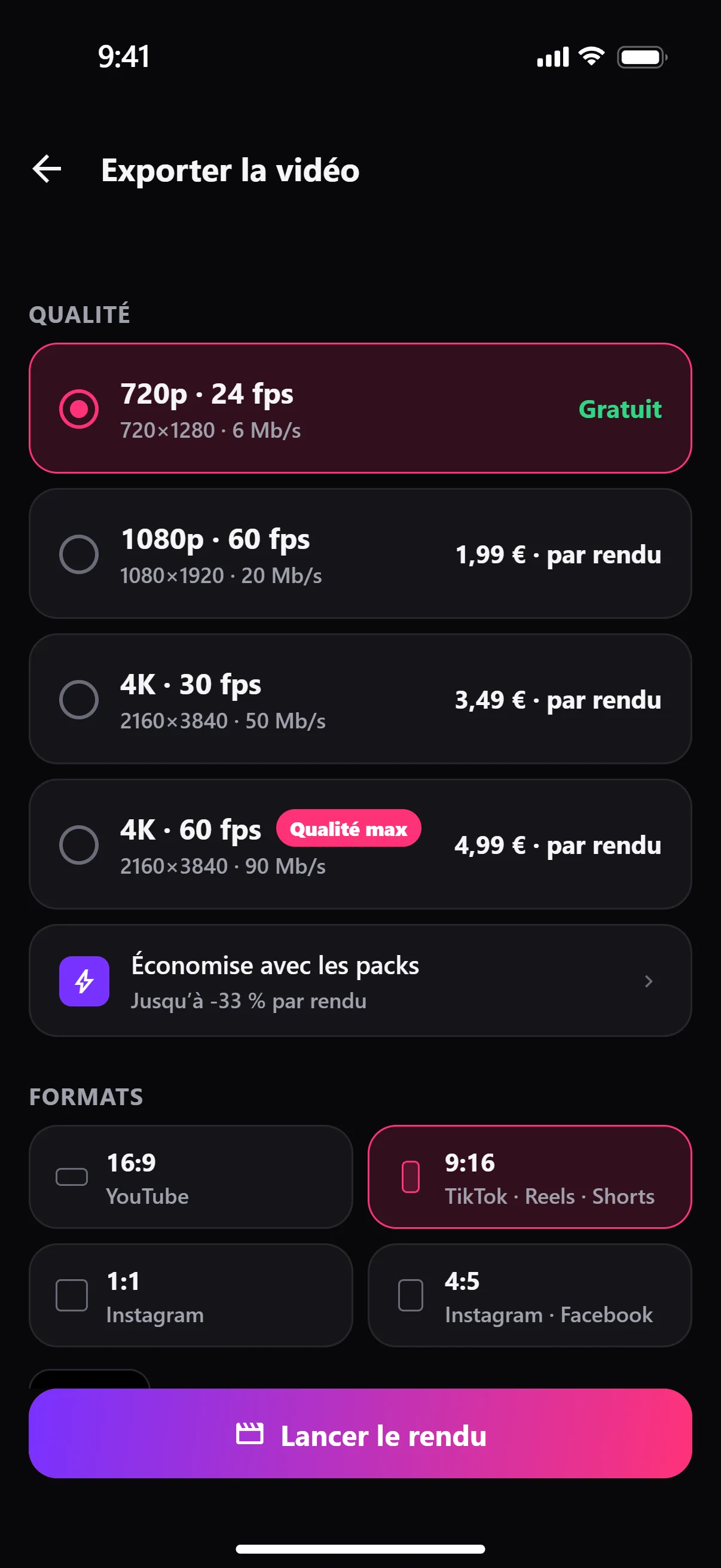 Capture de l’app : l’écran d’export, les qualités et leurs prix.