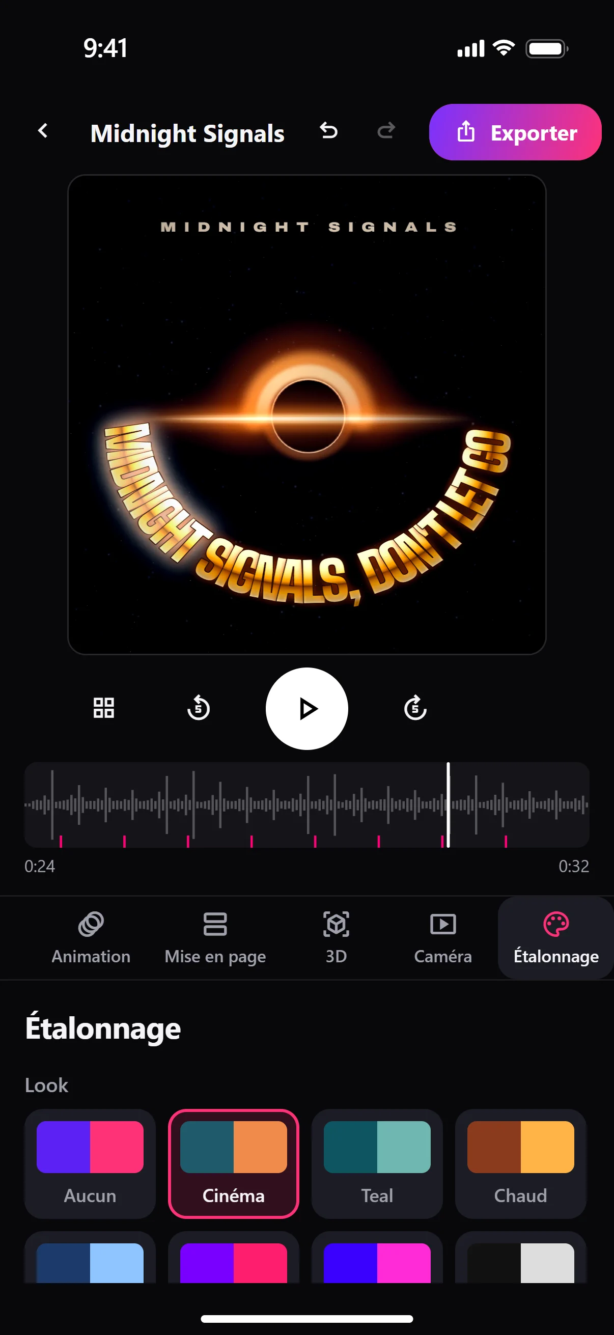 Capture de l’app : l’étalonnage, look Cinéma.