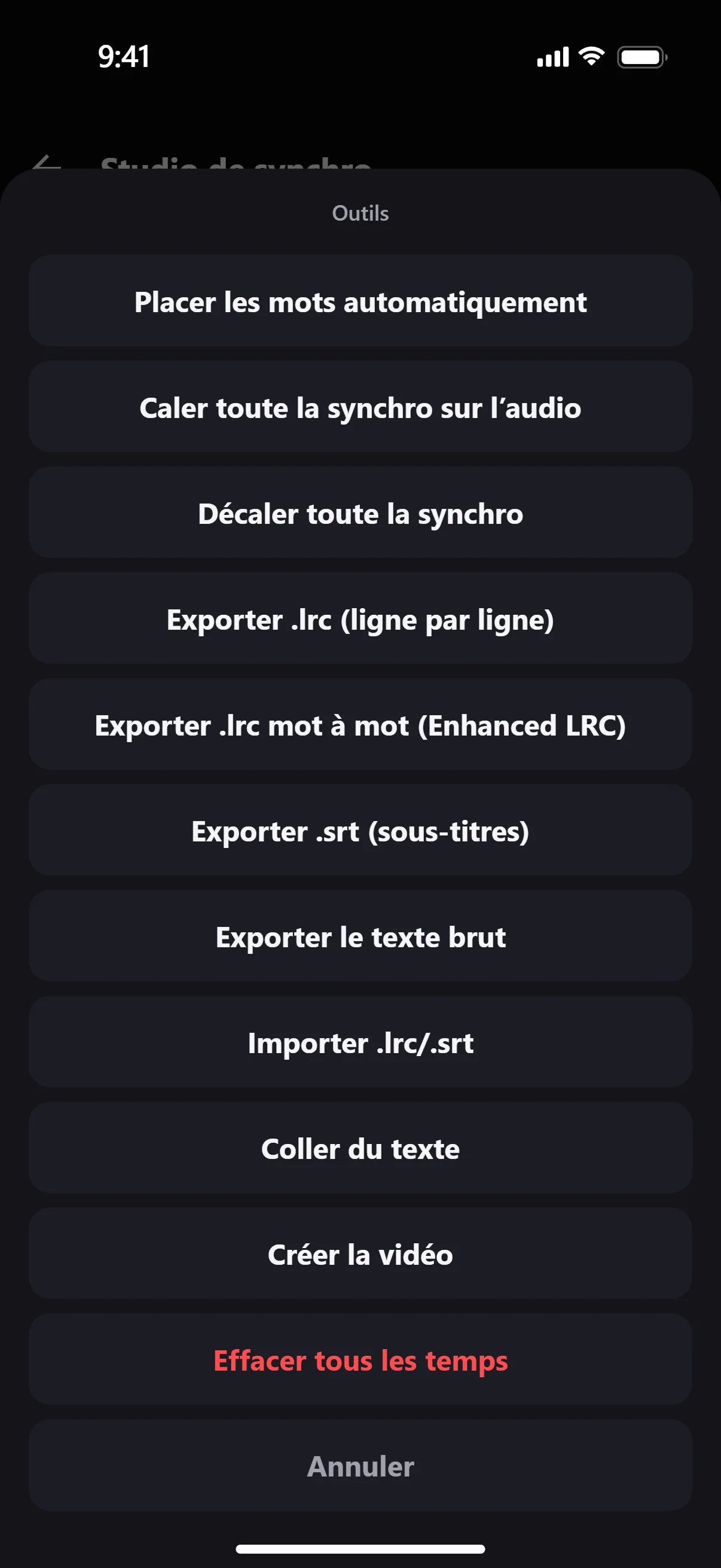 Capture de l’app : le menu Outils du studio de synchro, avec les exports .lrc, .lrc mot à mot, .srt et texte brut.