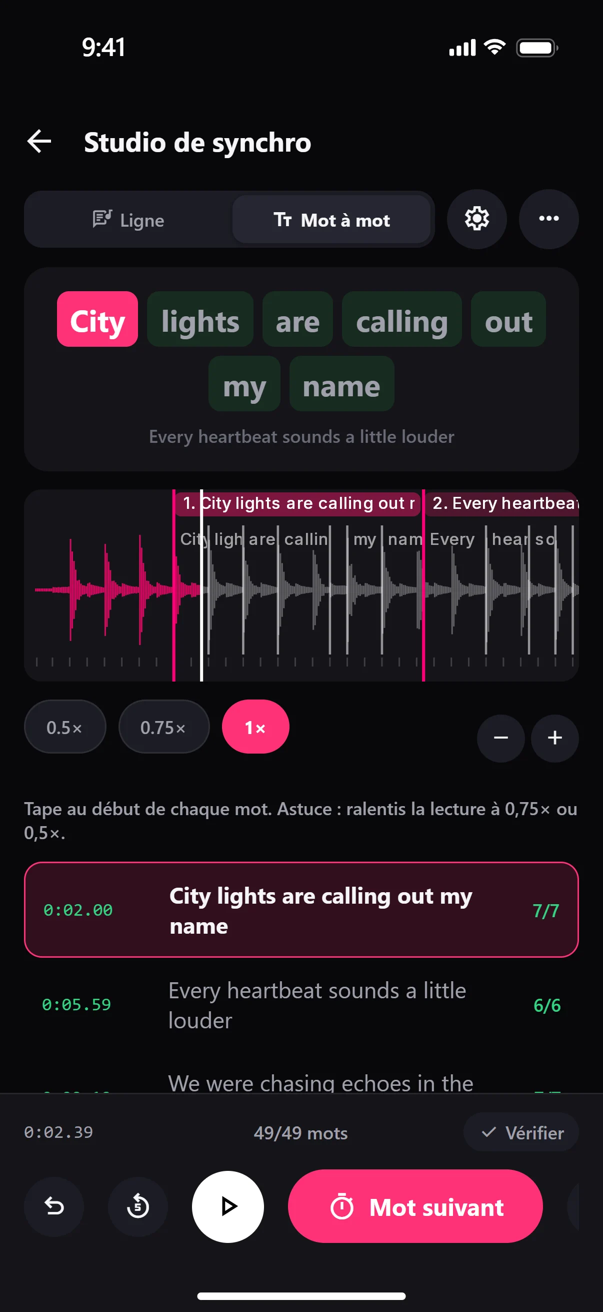 Capture de l’app : le studio de synchro, mot à mot, avec l’onde et les repères.