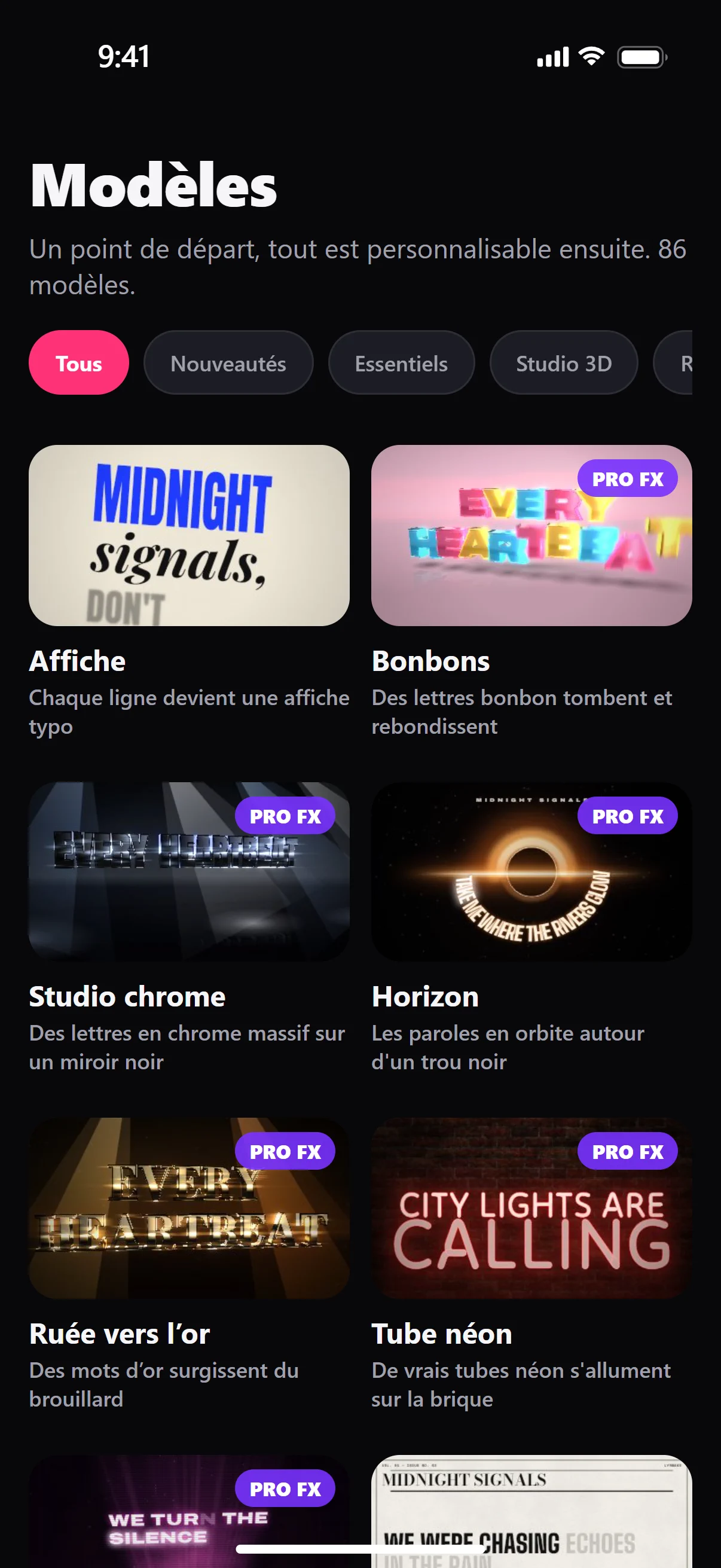 Capture de l’app Lyrmake : la galerie de modèles, rangée par style.